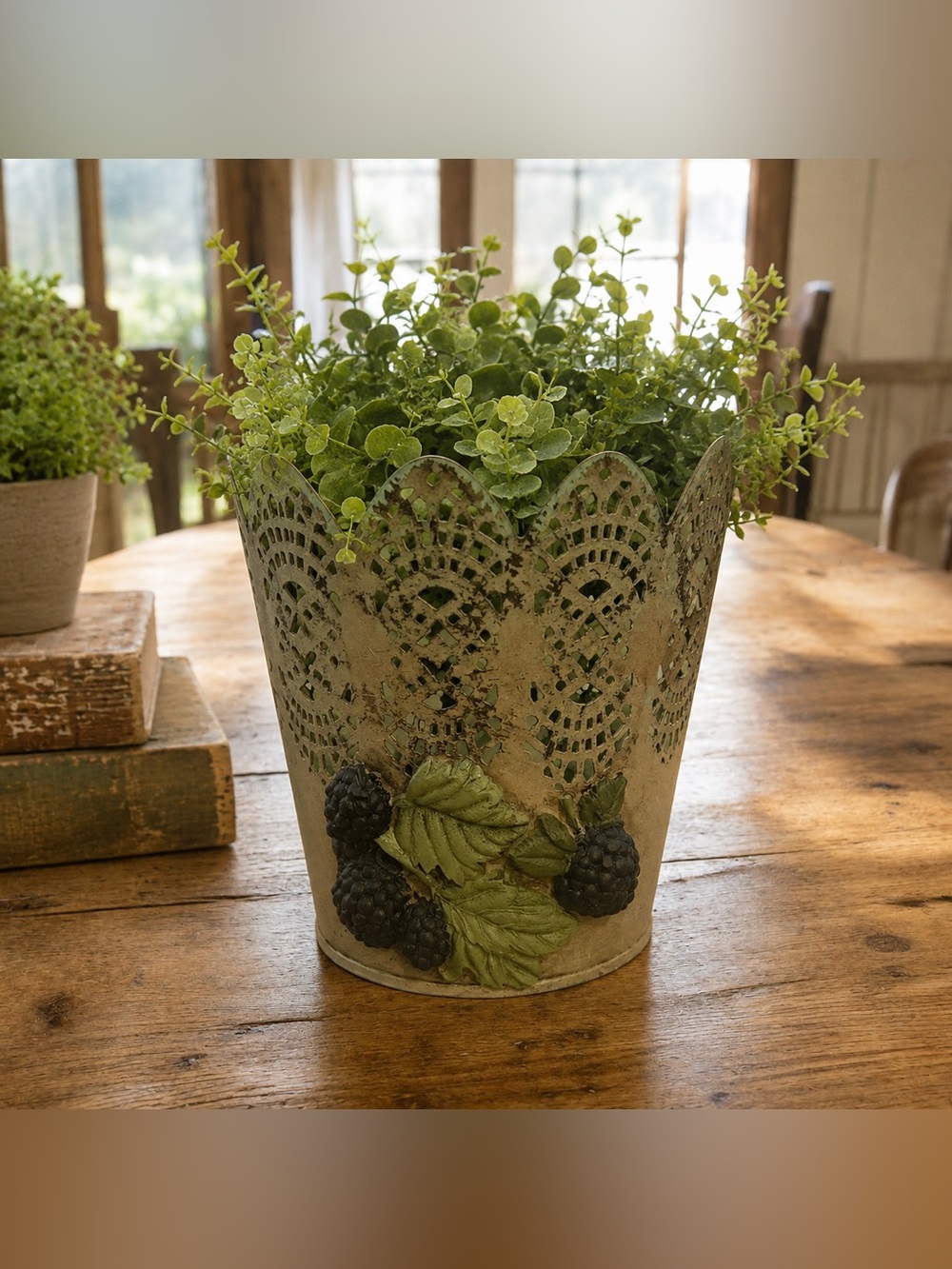 Decorative Metal Planter with Blackberry Design.